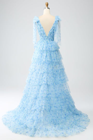 A-Line V-Neck Light Blue Tiered Long Prom Dress with Slit